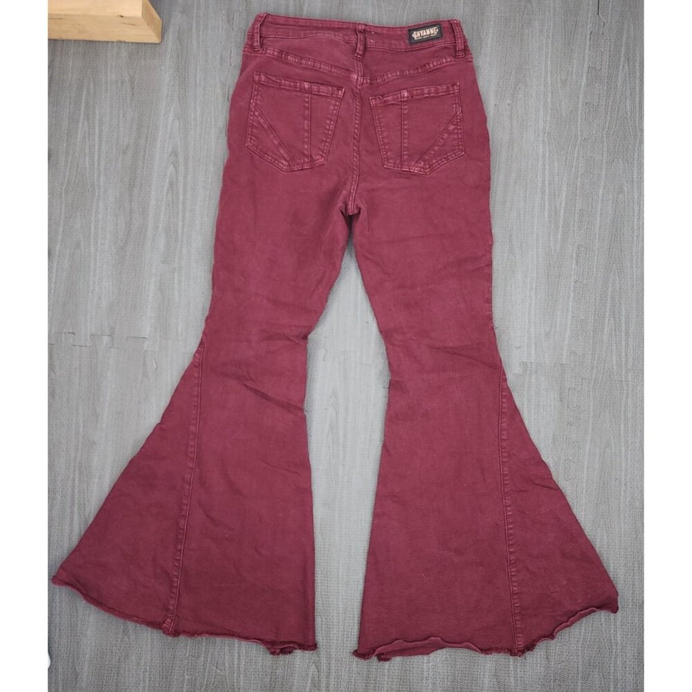 Women's Shyanne Jeans 30 Short 30x32 Maroon Super Flare Bell Bottom Stretch Fray - Picture 4 of 6